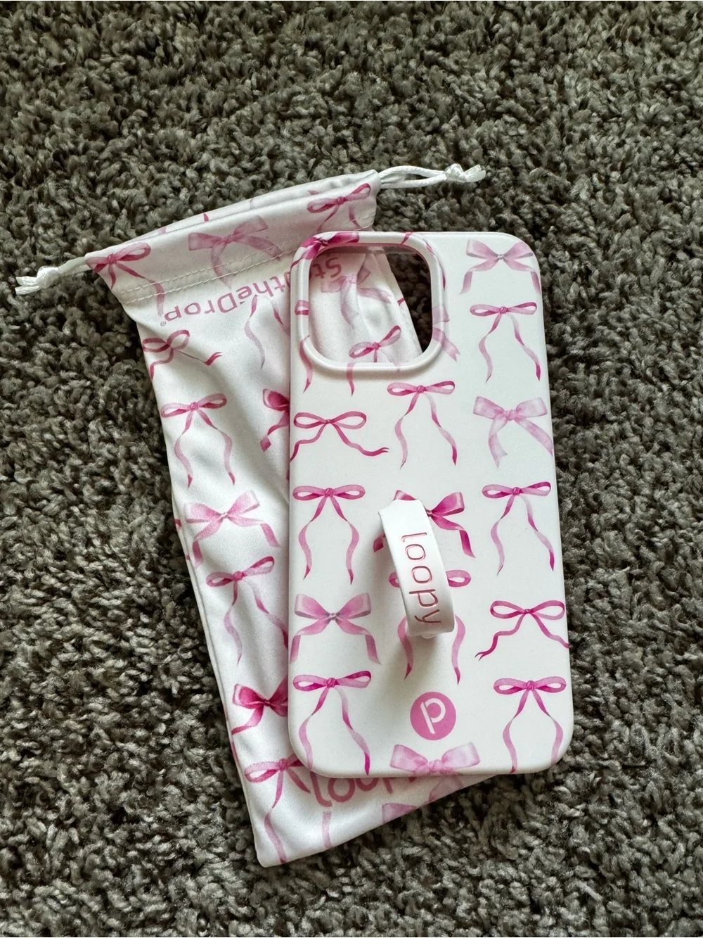 Loopy Case Pink Bow Pattern Phone Grip Case with Pouch